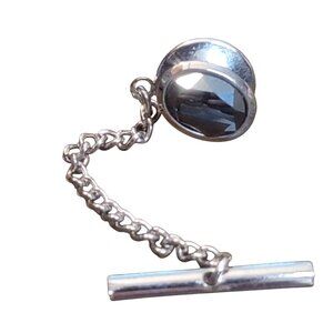 Vintage Silver Tie Tack With Chain & Bar Black Faceted Hematite Gemstone